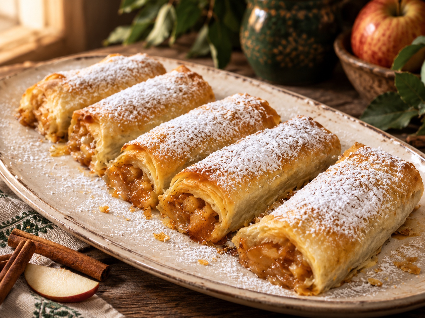 Felii de strudel cu mere și scorțișoară, pudrate cu zahăr
